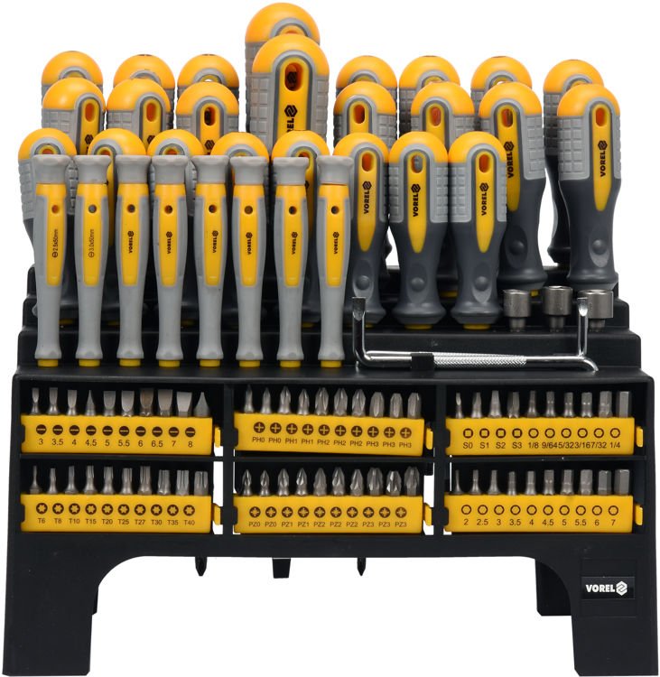 Atsuktuvų ir antgalių rinkinys | su stovu | 100 vnt. (60750)