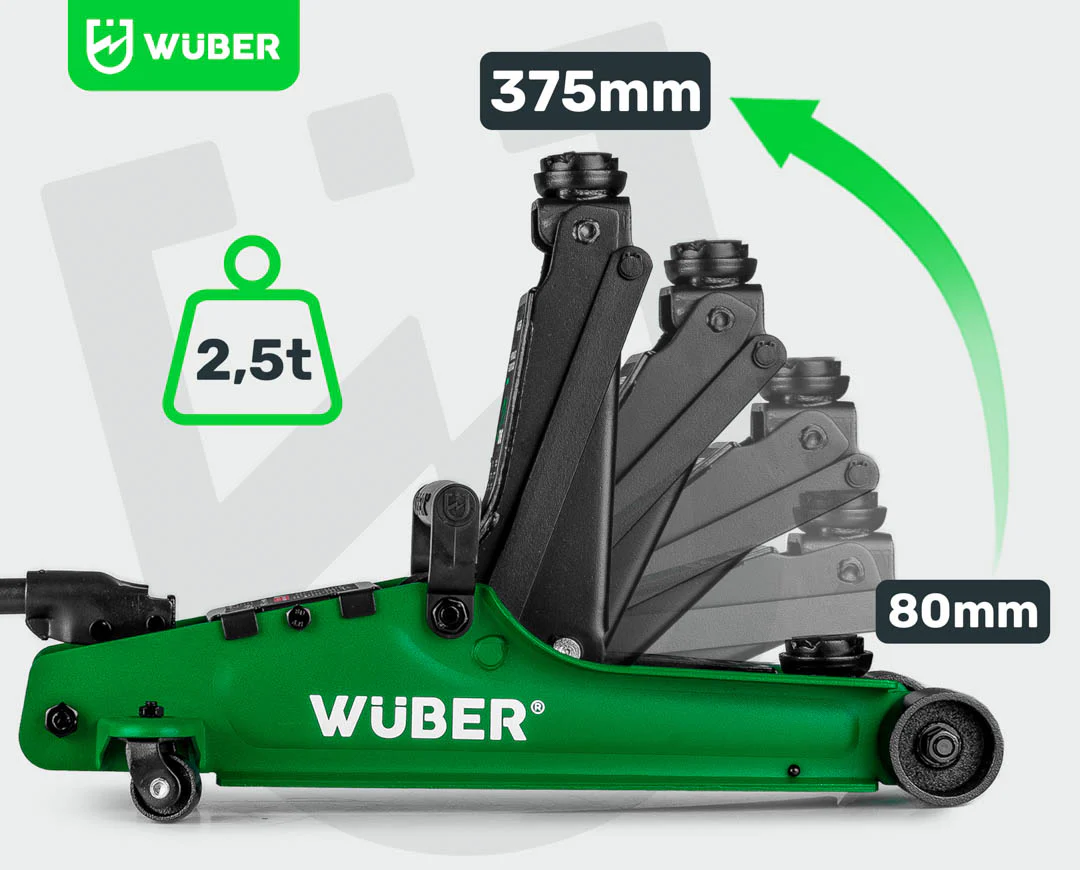 Žemo profilio hidraulinis domkratas su ratukais Wüber W22002 | 80-375 mm | 2.5 t | lagaminas (W22002)