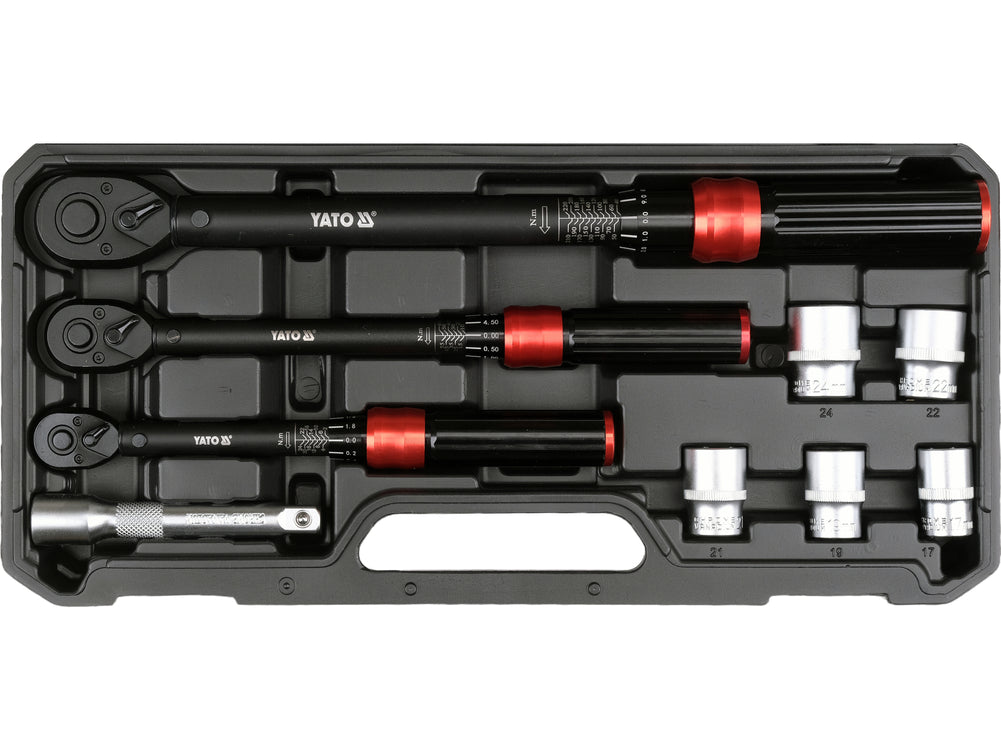 Dinamometrinių raktų 1/4", 3/8", 1/2" ir galvučių 17-24 mm rinkinys | 9 vnt (YT-07716)