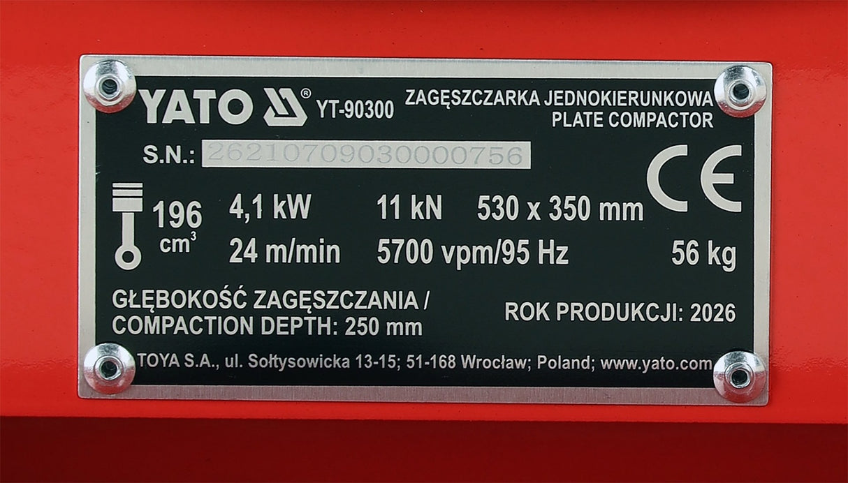 Vienkryptė vibroplokštė | 11 kN | 6,5 AG | 530 × 350 mm | su transportavimo ratukais (YT-90300)