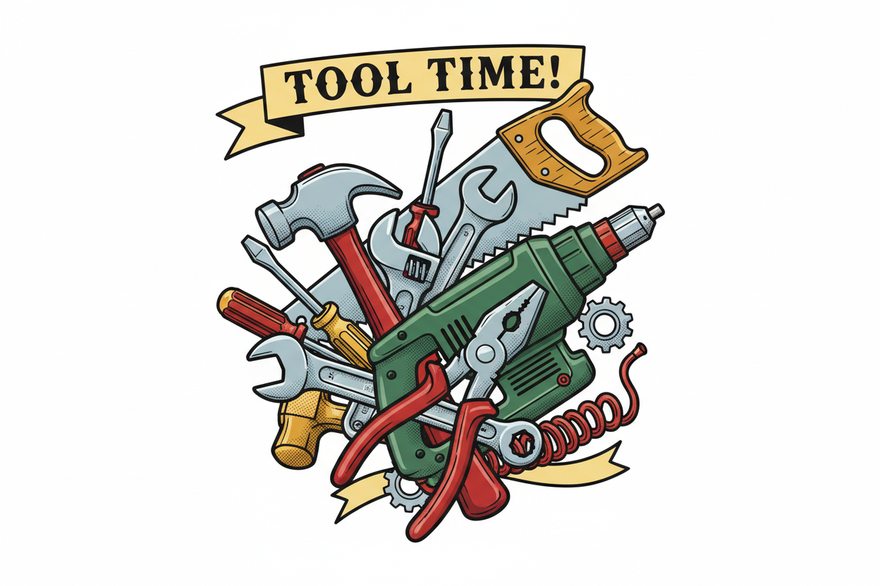a pile of different working tools in pin up style in white background