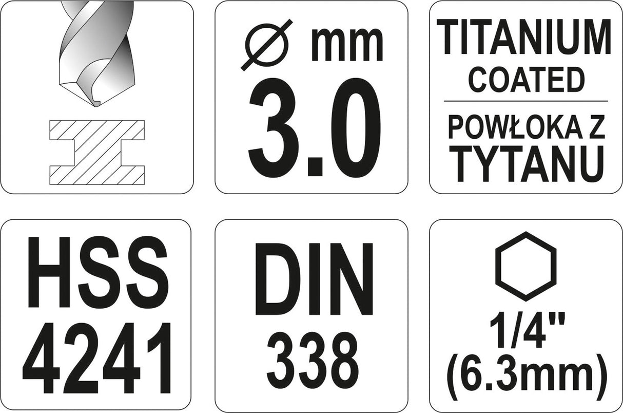 Grąžtas metalui su Hex 6.3 mm (1/4") galu HSS-TiN | 3.0 mm (YT-44754)