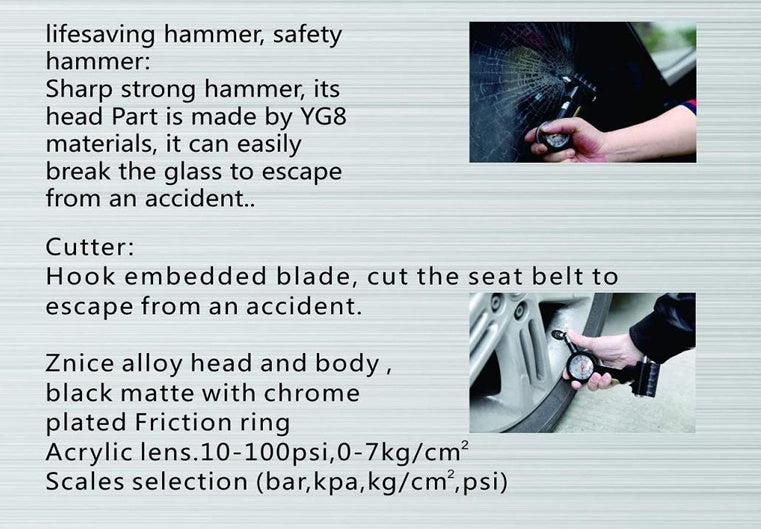 Avarinis plaktukas su saugos diržo nupjovimo funkcija ir manometru (DTG03)