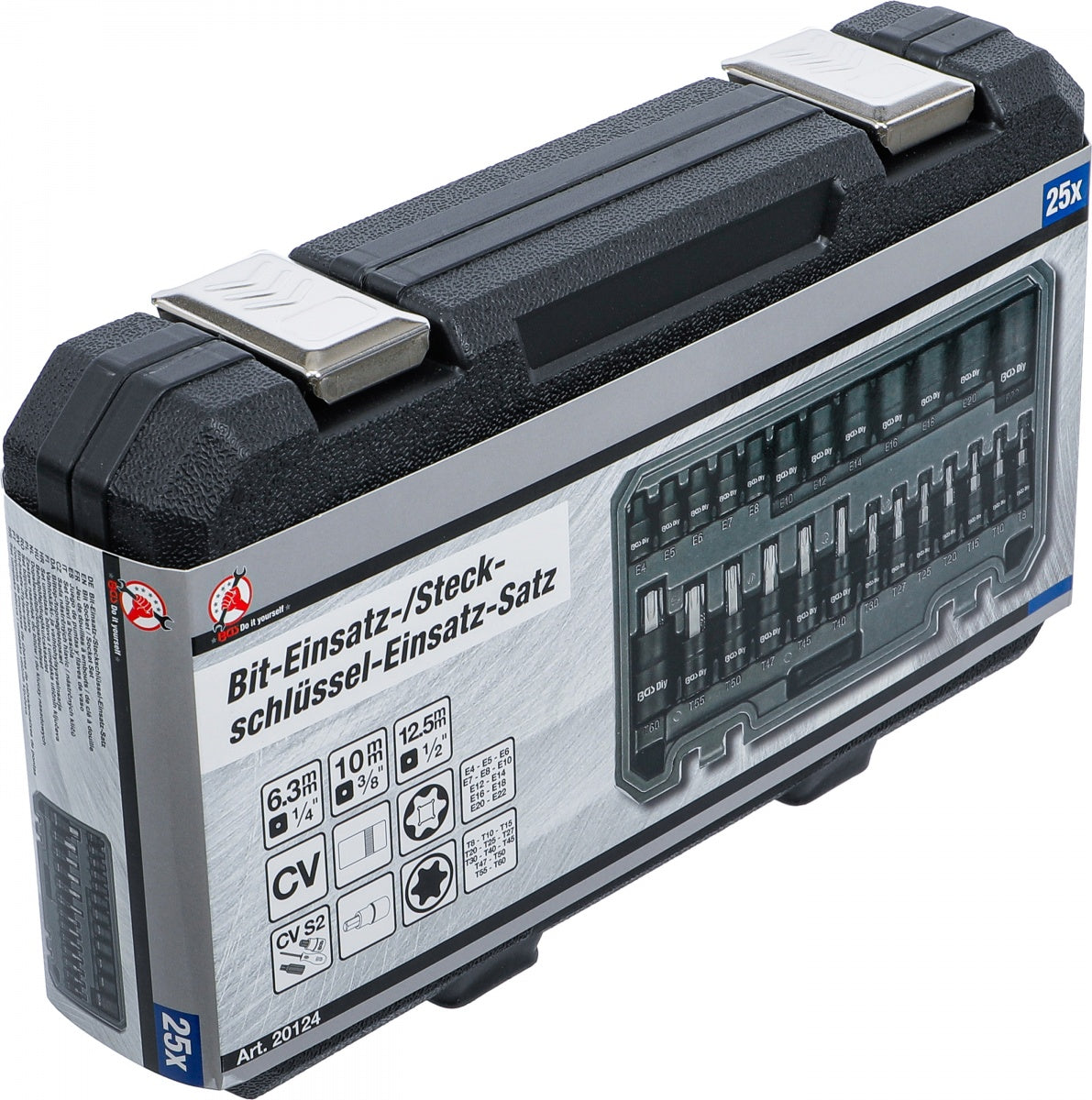 Antgalių ir galvučių rinkinys | 6.3 mm (1/4"), 10 mm (3/8"), 12.5 mm (1/2") Drive | E-Star / T-Star (for Torx) | 25 vnt (20124)