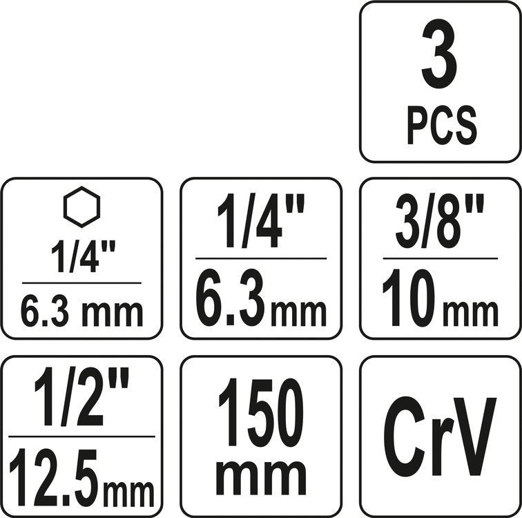 Набор адаптеров | длинные | с 1/4"(6,3 mm) на головки 1/4" - 3/8" - 1/2" | 150 mm
