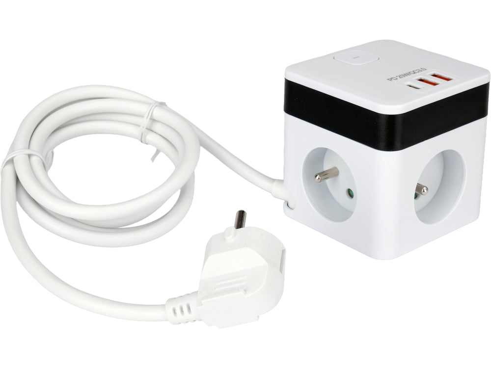 Maitinimo laidas/ilgintuvas su įžeminimu kubo formos | 5 lizdai + USB | 1,0 mm2 | 1.4 m (72480)