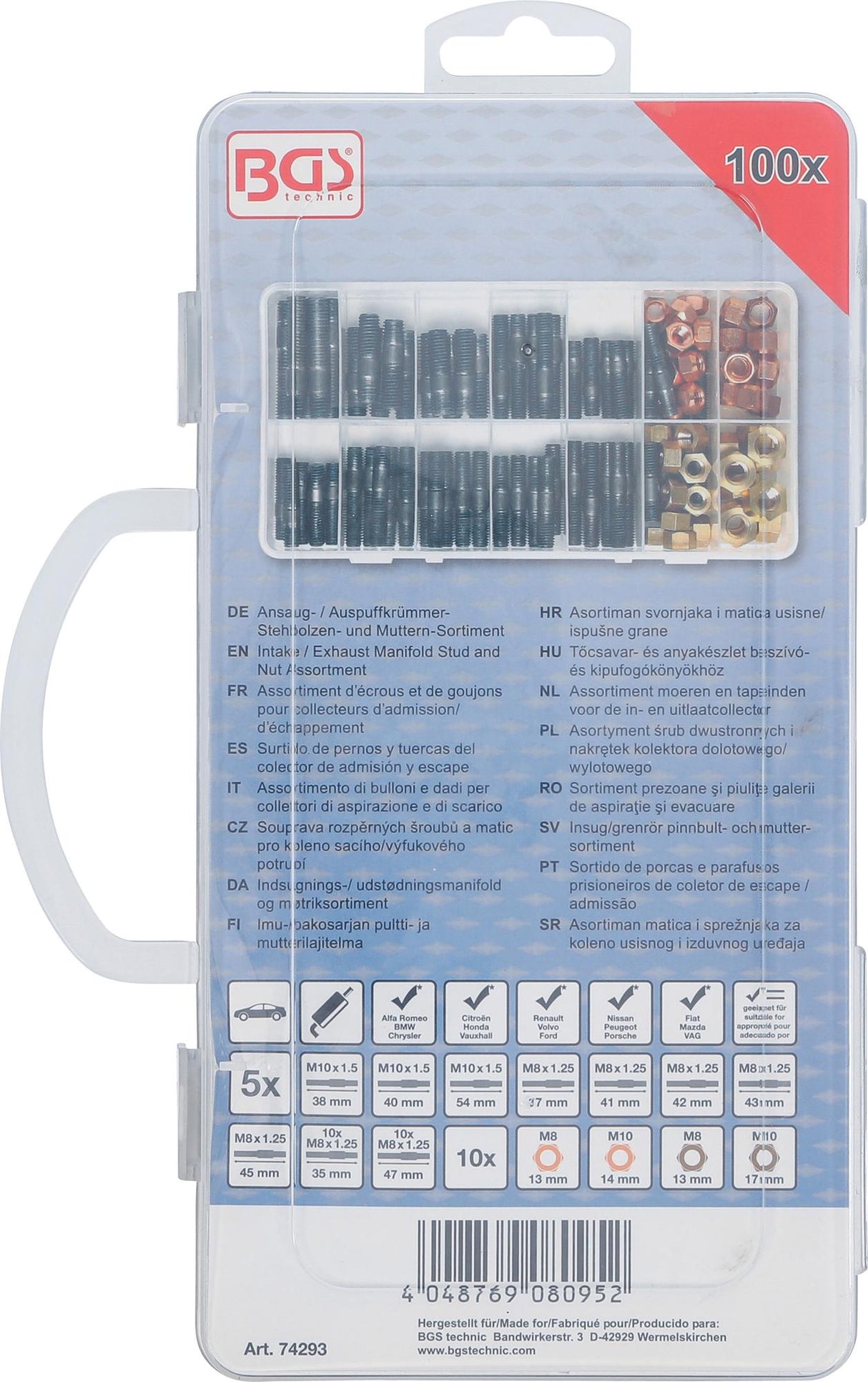 Įsiurbimo / išmetimo kolektoriaus smeigių ir veržlių asortimentas | 100 vnt. (74293)