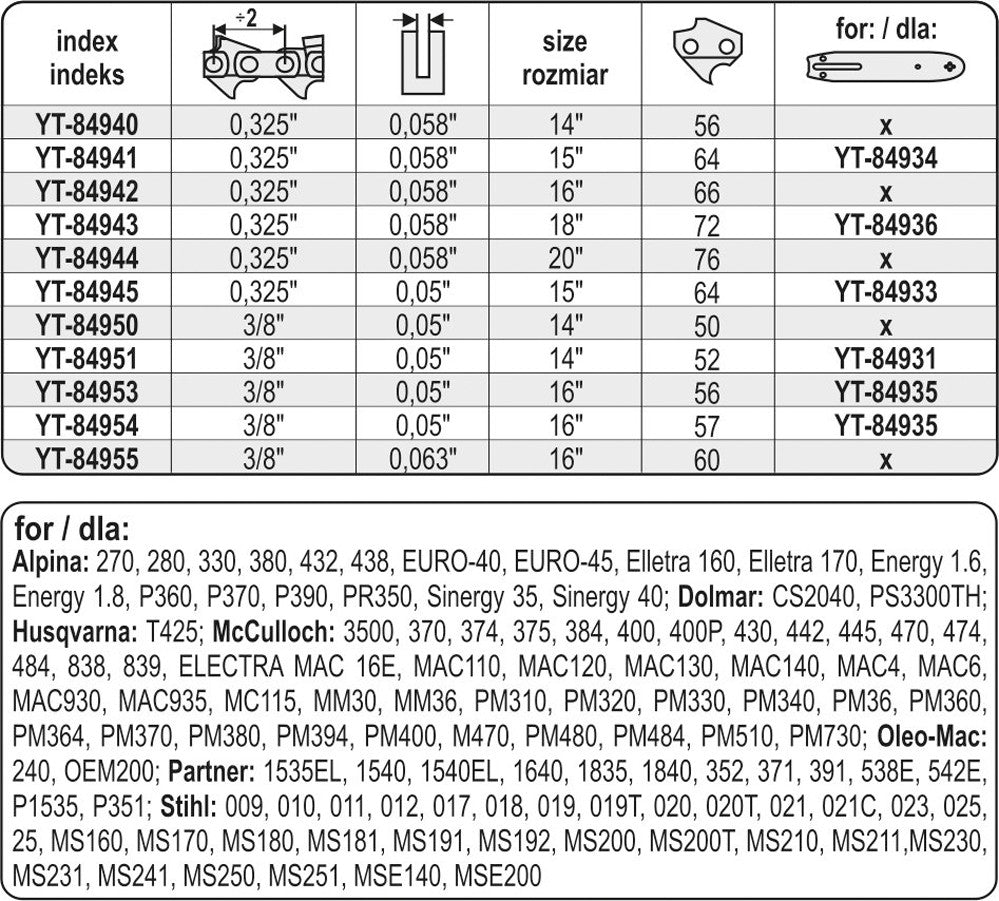 Grandinė pjūklui 14" 3/8" 0,05" 50 dantys (YT-84950)