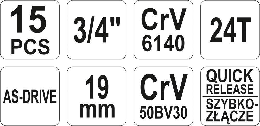 Galvučių komplektas 6 kampų | 30-60 mm | metalinė dėžė | 20 mm (3/4") | 15 vnt. (YT-1334)