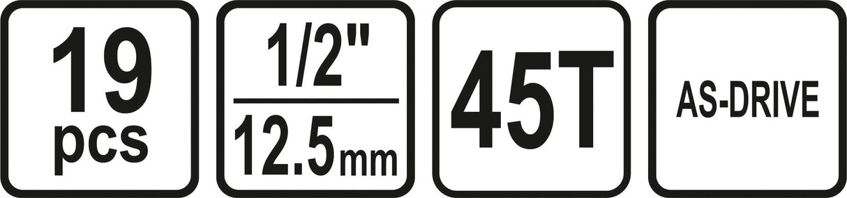 Galvučių rinkinys su terkšle | 12,5 mm (1/2") | 8-32 mm | 19 vnt. (58634)