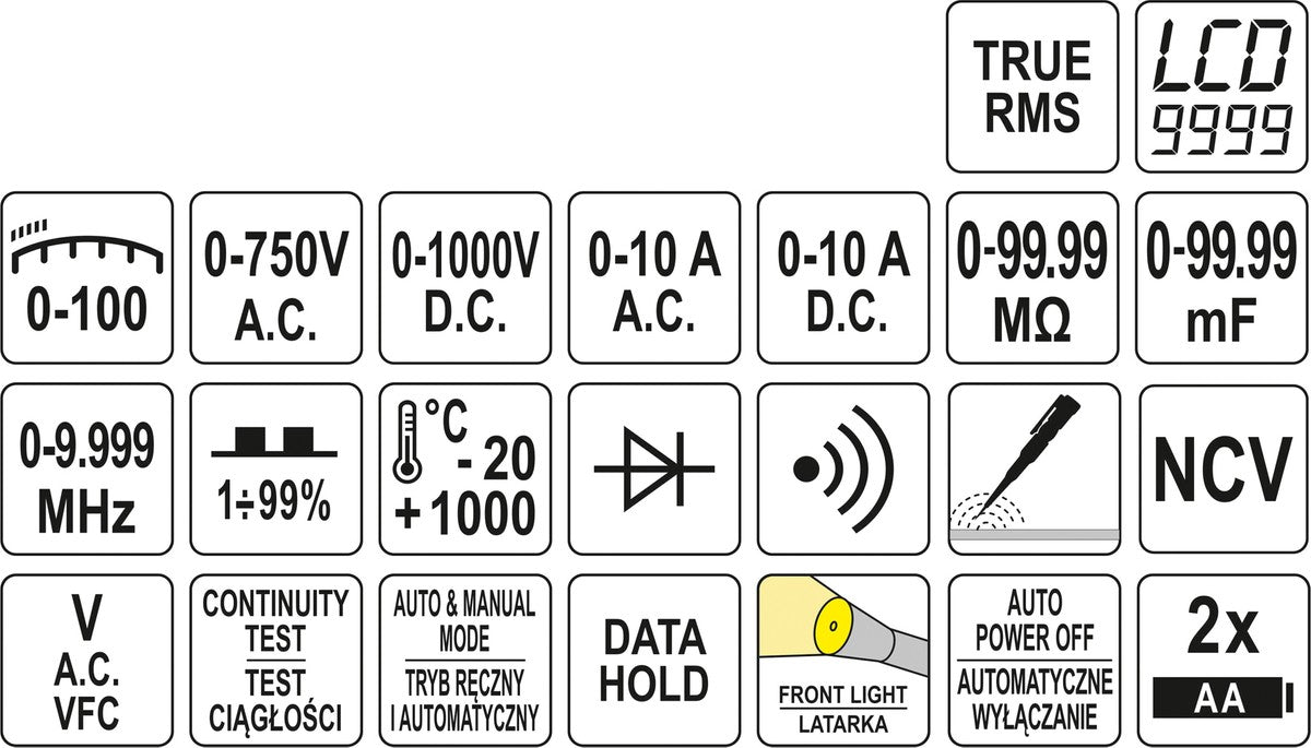 Universalus matuoklis su TRUE RMS funkcija | automatinis ir rankinis matavimas | LCD 9999 (YT-73097)