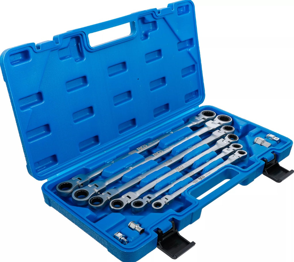 Pailgintų terkšlinių vartomų dvipusių raktų rinkinys | su adapteriais galvutėms | 8 - 19 mm | 10 vnt. (1541)