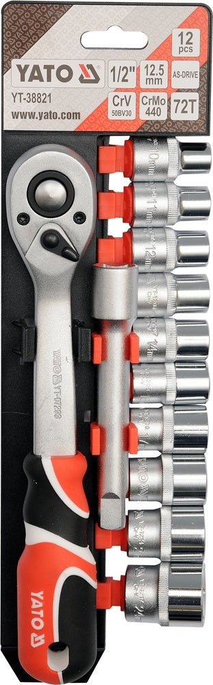 Galvučių rinkinys su terkšle | 12,5 mm (1/2") | 10-24 mm | 12 vnt. (YT-38821)