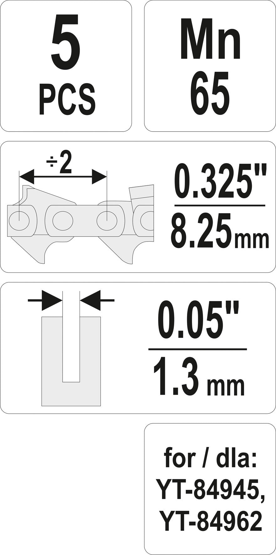 Pjūklo grandinės sujungimų rinkinys | 0,325" / 0,05" | 5 vnt. (YT-84976)