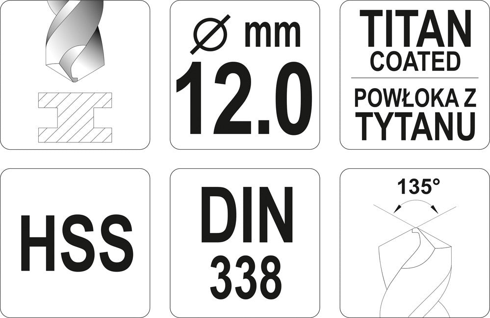 Grąžtas metalui HSS-TIN 12.0 mm (YT-44666)