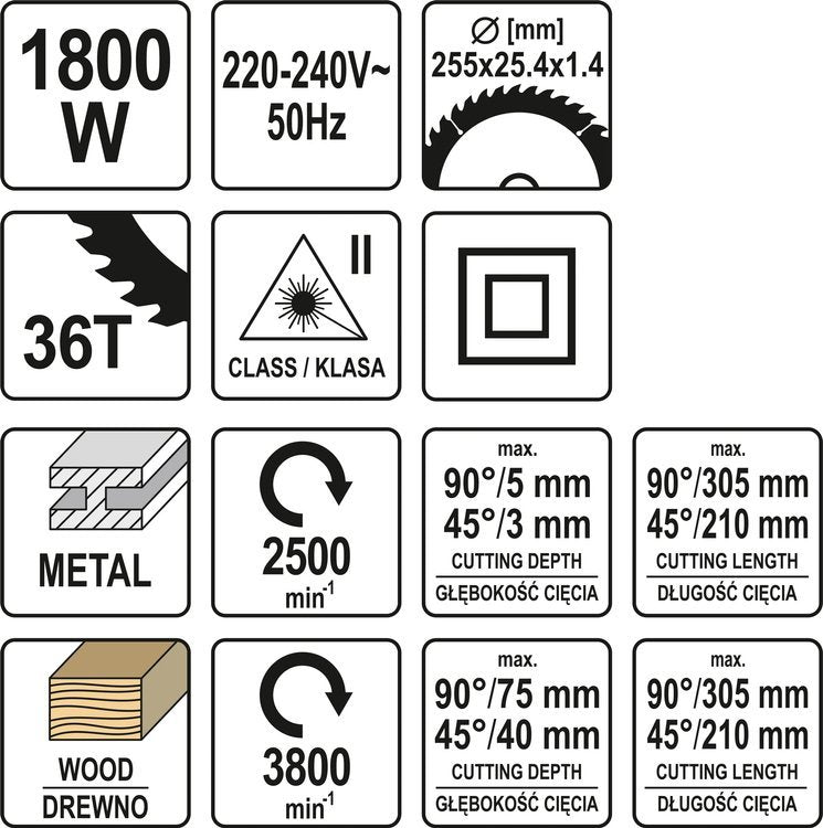Metalo ir medžio pjovimo staklės | 2 bėgiai/padavimo funkcija | 255 mm | 1800W (YT-82174)