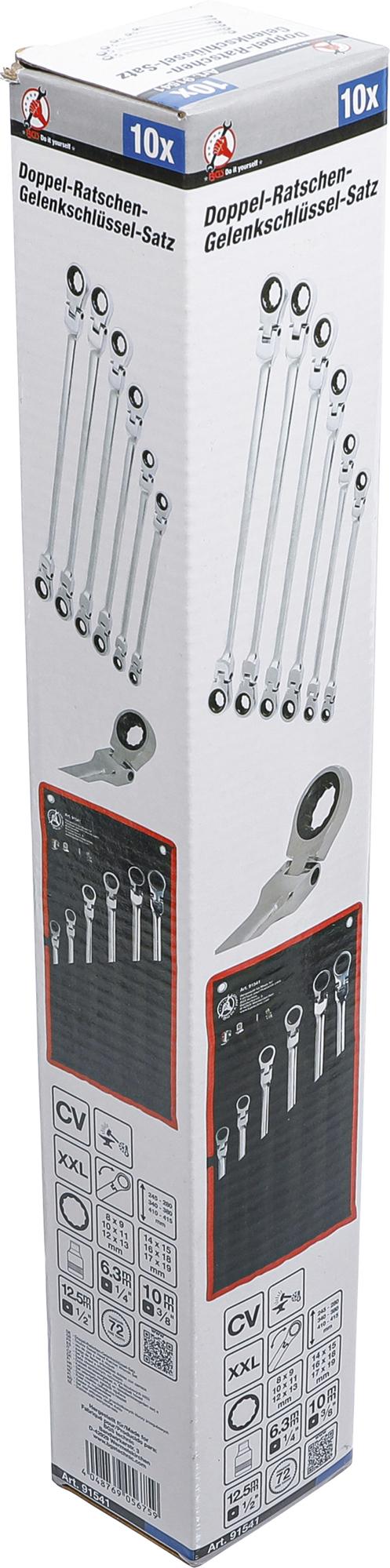 Terkšliniai dvipusiai ilgi raktai | šarnyriniai | su adapteriais | 8x9 - 17x19 mm | 10 vnt. (91541)