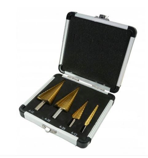 Grąžtai skylės (pa)platinimui pakopiniai | aliuminė dėžutė | 4-12, 4-20, 4-30, 4-32 mm | 4 vnt. (EB-4346A)