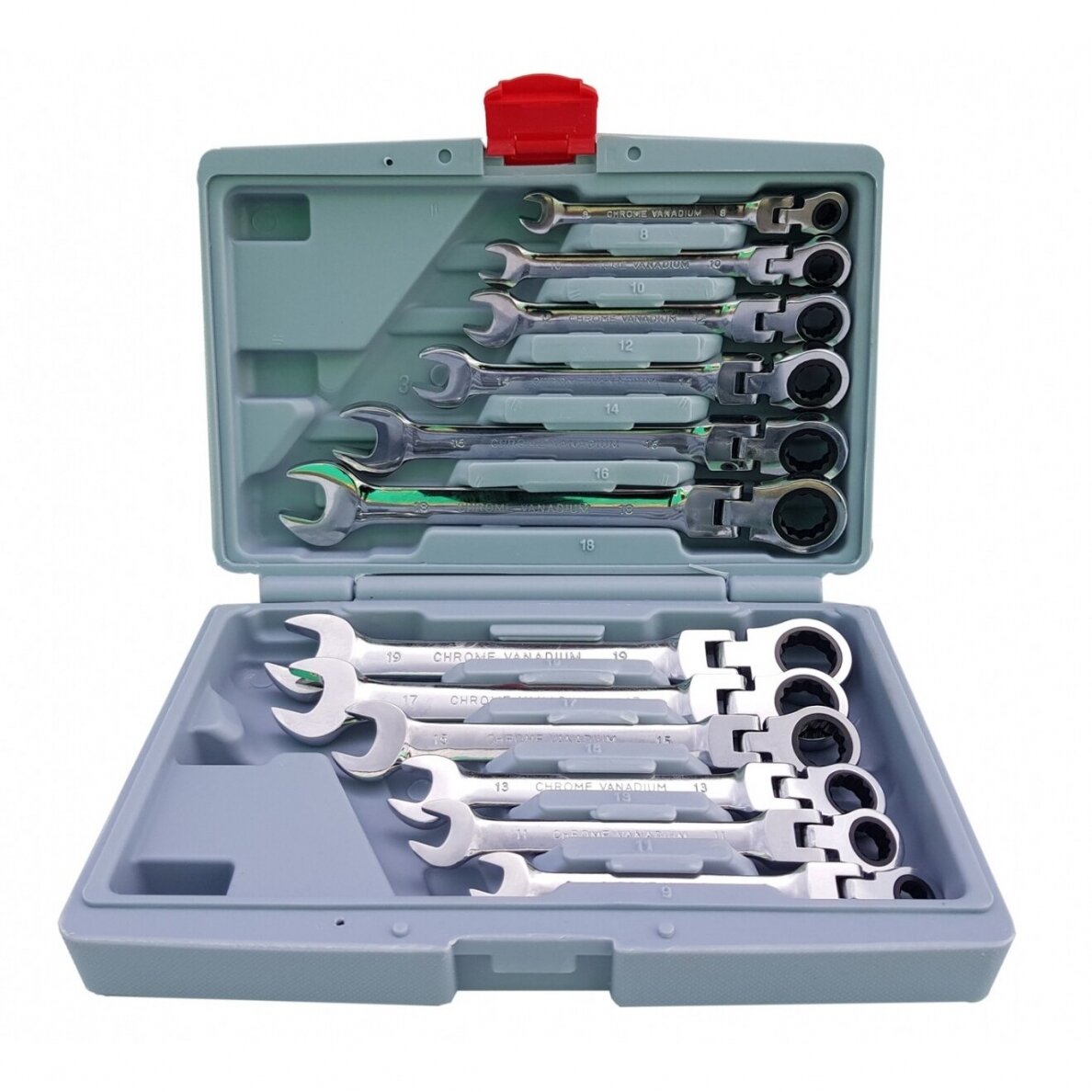 Terkšlinių raktų rinkinys | plast.dėžutė / šarnyriniai | 8-19 mm | 12 vnt. (SK5300)