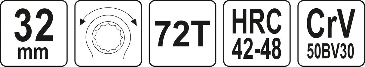 Raktas kilpinis lenktas su terkšle | reversinis | 32 mm (YT-02388)