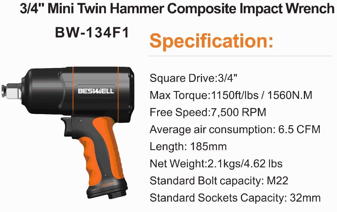 Pneumatinis smūginis veržliasukis | 20 mm (3/4") | 1492 Nm (BW-134F1)