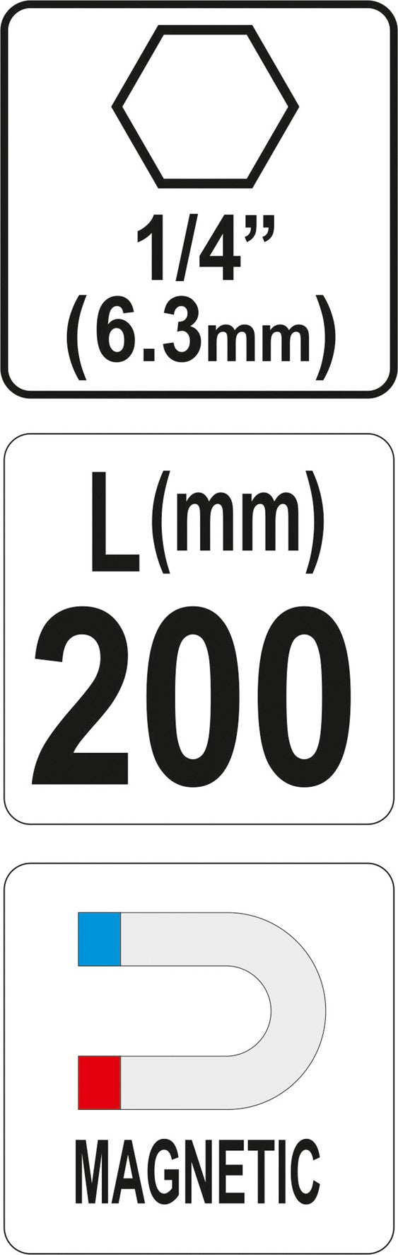 Antgalių laikiklis magnetinis ilgas | 6,3 mm (1/4") | 200 mm (YT-04682)