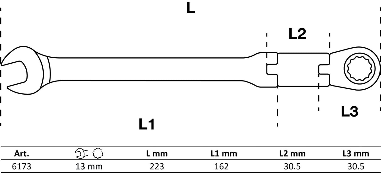 Kombinuotas raktas su terkšle | dvigubas šarnyras | 13 mm (6173)