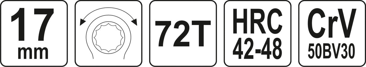 Raktas kilpinis lenktas su terkšle | reversinis | 17 mm (YT-02379)