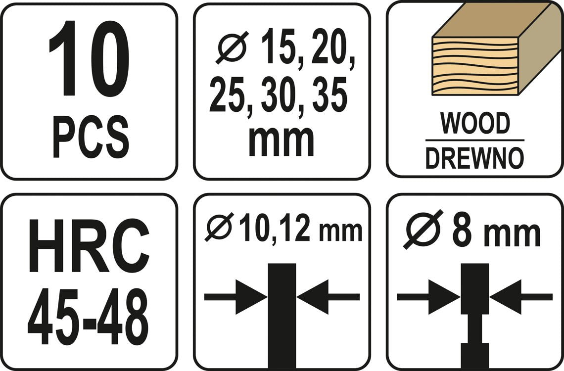 Frezų / kamštinių grąžtų rinkinys medžiui | 15-35 mm | 10 vnt. (YT-33837)
