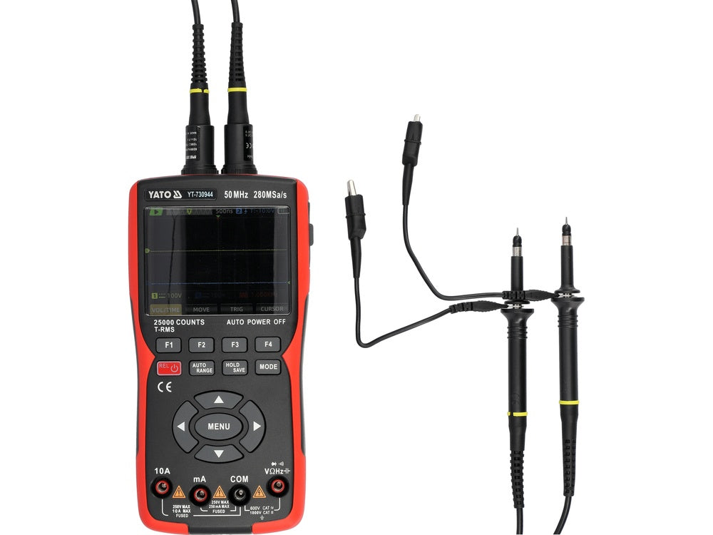 2 kanalų 50 MHz osciloskopas su multimetru ir signalų generatoriumi | 280 MSa/s, TRUE RMS (YT-730944)