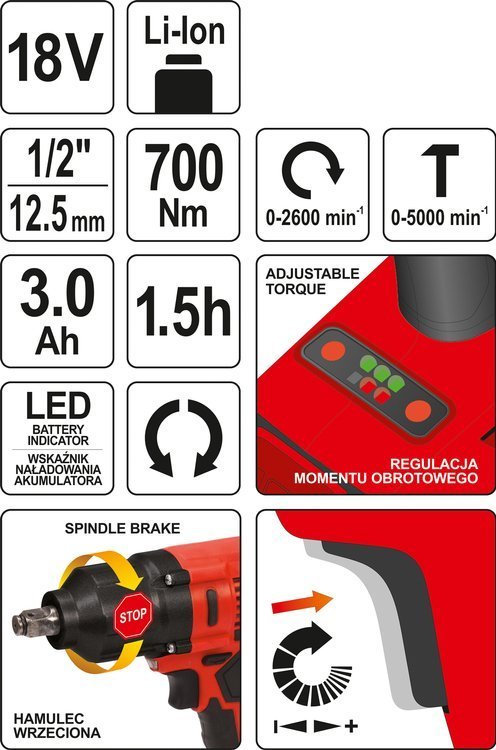 Akumuliatorinis smūginis veržliasūkis | bešepetėlinis | Li-ion | 3,00 mAh | 700Nm | 18V (YT-82806)