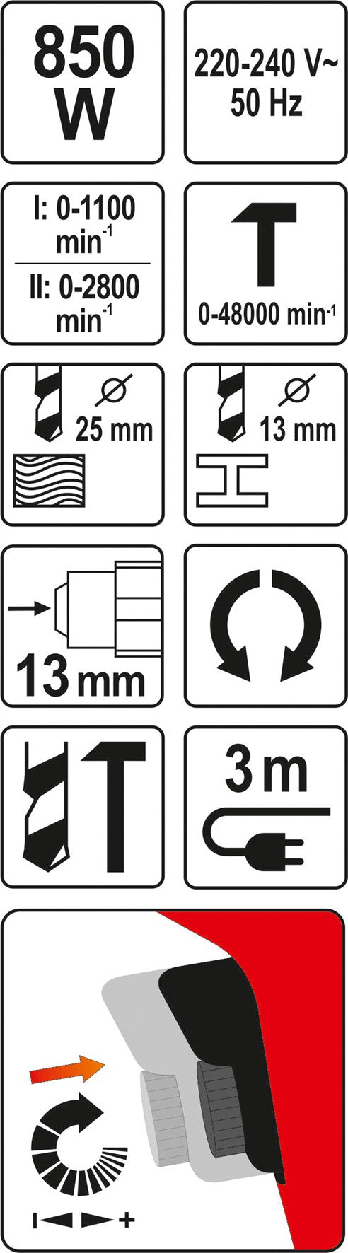 Smūginis gręžtuvas | 2 greičiai / metalinis griebtuvas | 850W (YT-82037)