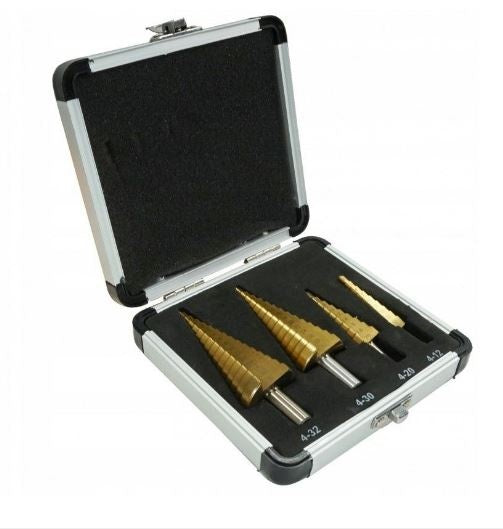 Grąžtai skylės (pa)platinimui pakopiniai | aliuminė dėžutė | 4-12, 4-20, 4-30, 4-32 mm | 4 vnt. (EB-4346A)