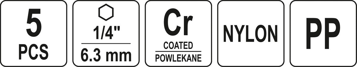Šepečių rinkinys su Hex 6.3 mm (1/4") galu | Nailonas | 5 vnt. (YT-47777)
