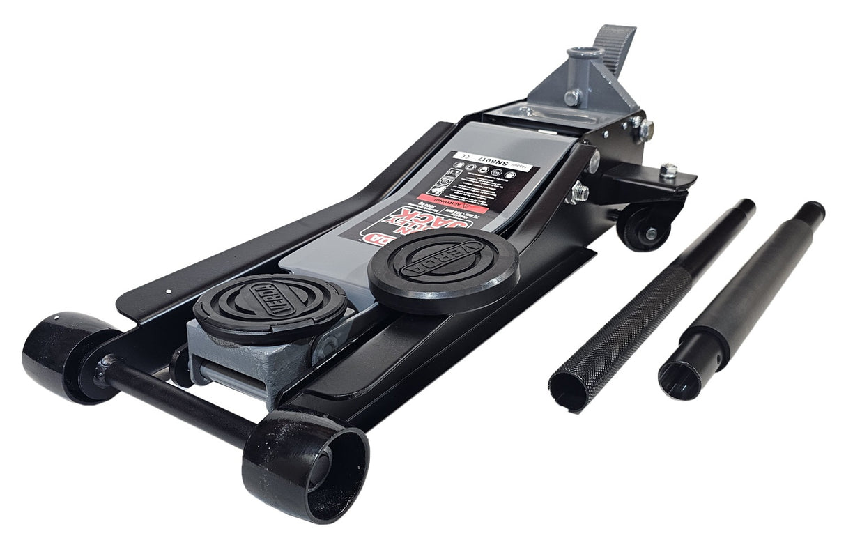 Domkratas su ratukais | su pedalu | 2 gumos | dvigubas stūmoklis | 75- 505 mm | 3.0 t (FJ25-B)