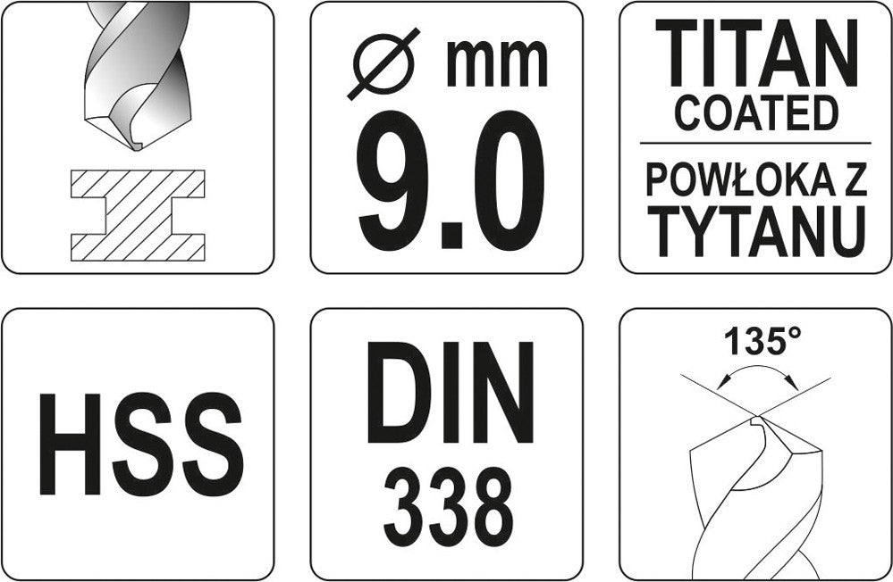 Grąžtas metalui HSS-TIN 9.0 mm (YT-44660)