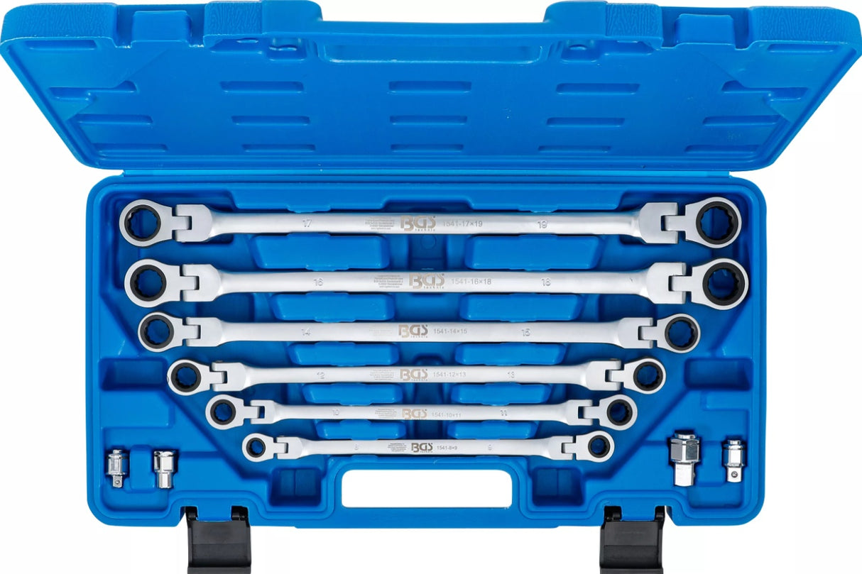 Pailgintų terkšlinių vartomų dvipusių raktų rinkinys | su adapteriais galvutėms | 8 - 19 mm | 10 vnt. (1541)