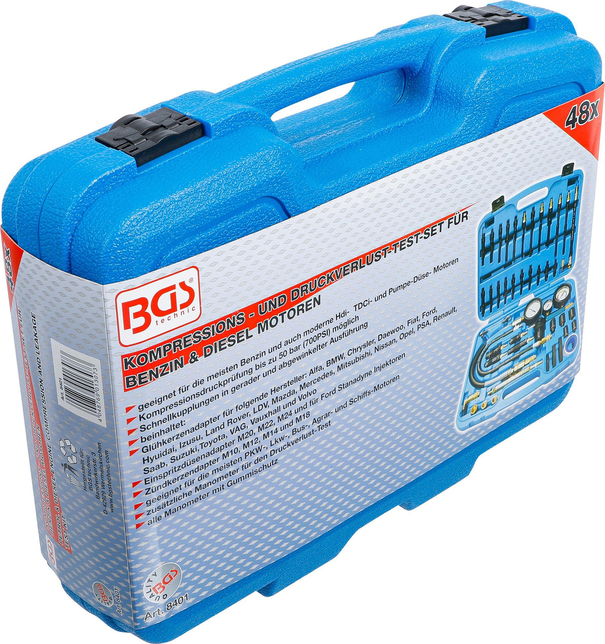 Benzino ir dyzelinio variklio suspaudimo ir nuotėkio testavimo rinkinys (8401)