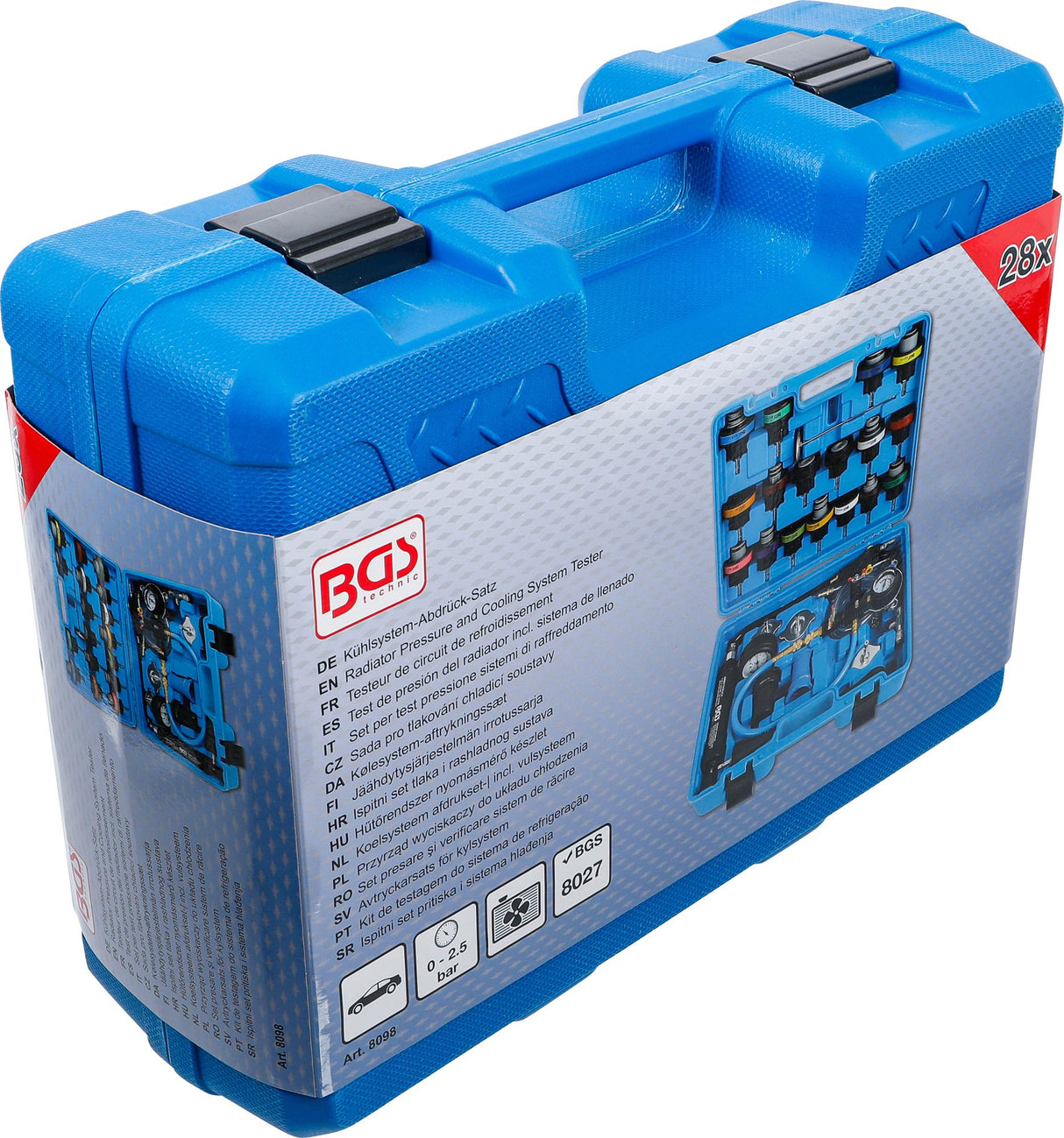 Radiatoriaus slėgio ir aušinimo sistemos testeris, su išpilstymo sistema | 28 vnt. (8098)