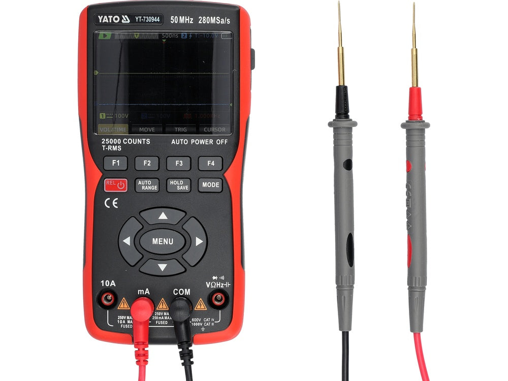 2 kanalų 50 MHz osciloskopas su multimetru ir signalų generatoriumi | 280 MSa/s, TRUE RMS (YT-730944)