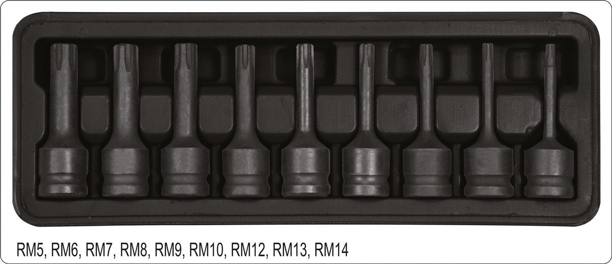 Smūginių antgalių rinkinys | 12,5 mm (1/2") | Spline (Ribe) M5 - M14 | 9 vnt. (YT-10681)