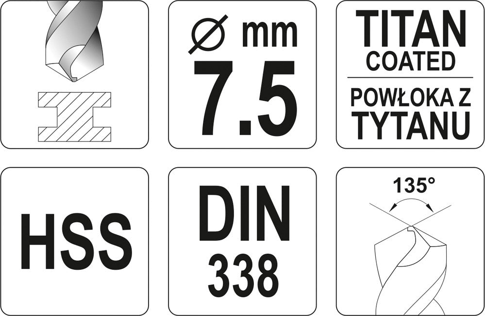 Grąžtas metalui HSS-TIN 7.5 mm (YT-44657)