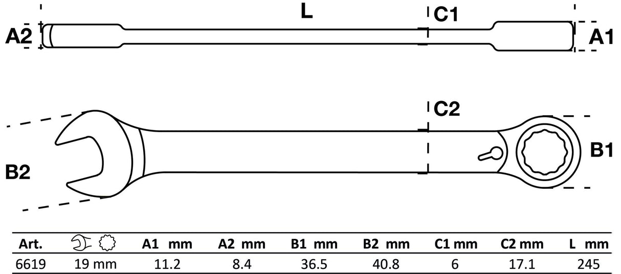 Kombinuotas raktas su terkšle | su reversu | 19 mm (6619)