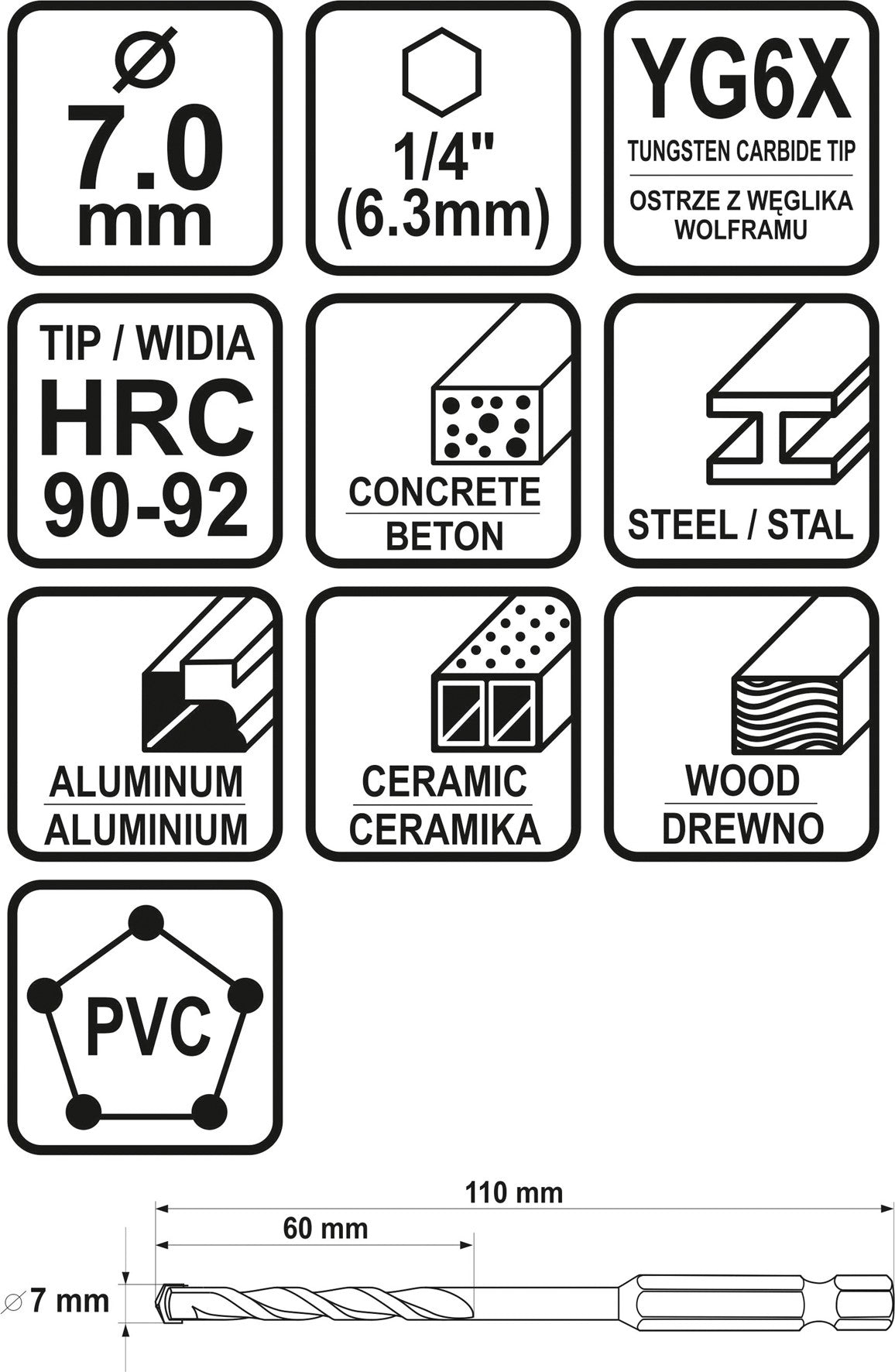Grąžtas universalus su Hex 6.3 mm (1/4") galu | 7.0 mm (21688)