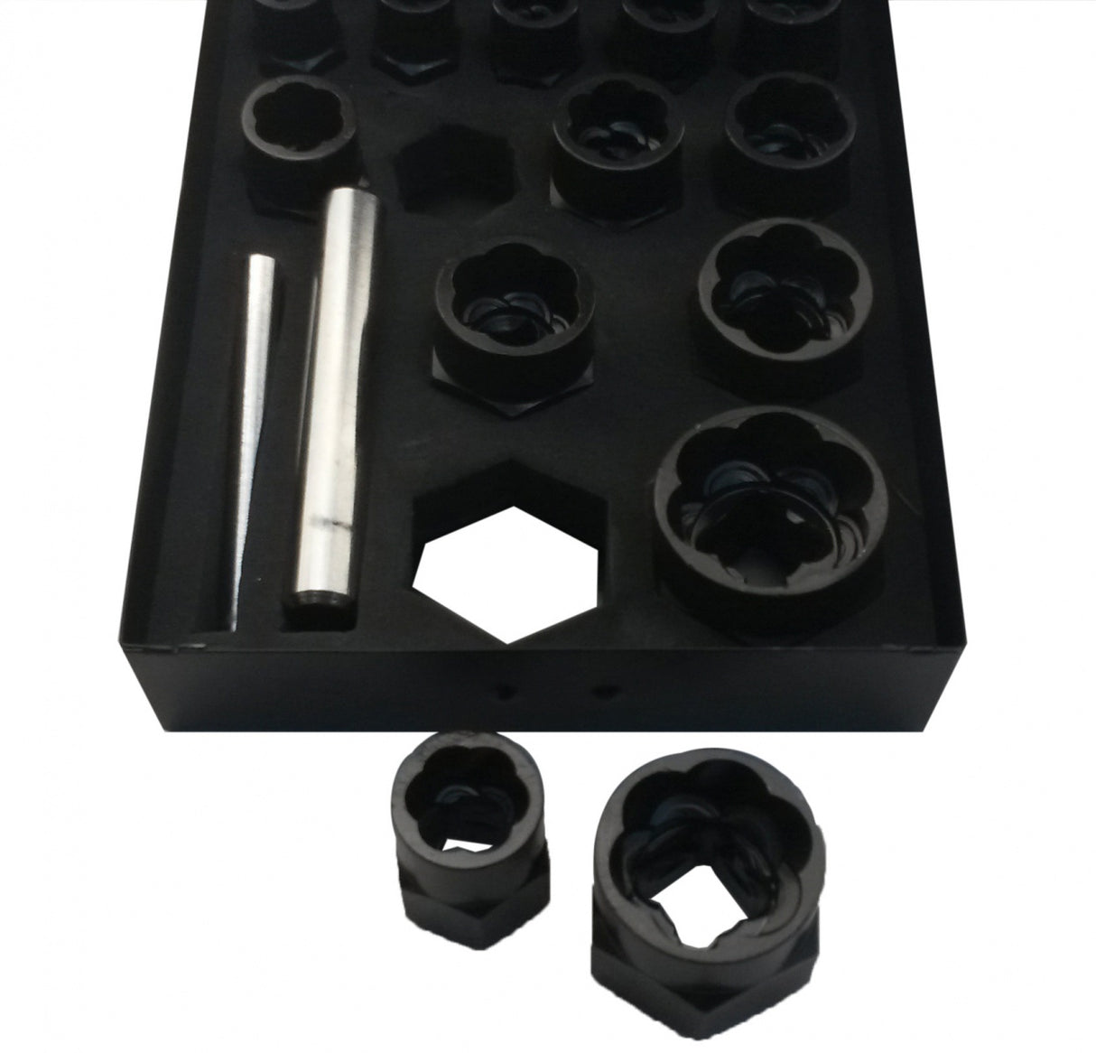Galvučių sugadintiems varžtams komplektas metal. dėž. 3/8"+1/2"| 15 vnt. (2408E)