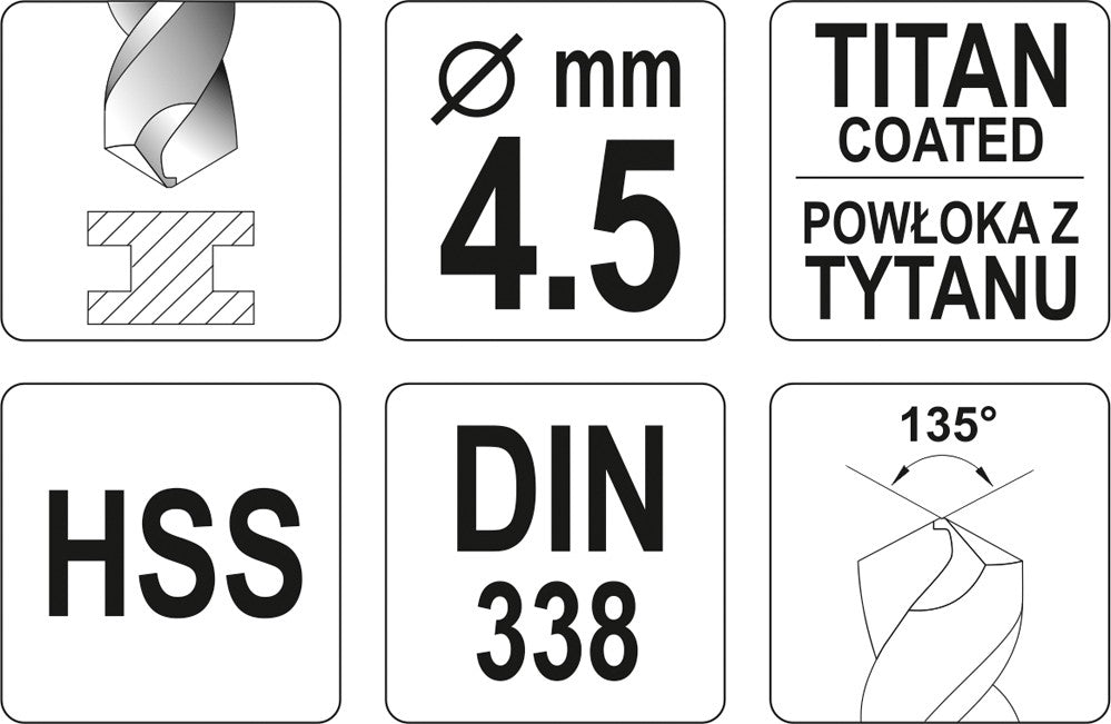 Grąžtas metalui HSS-TIN 4.5 mm (YT-44643)