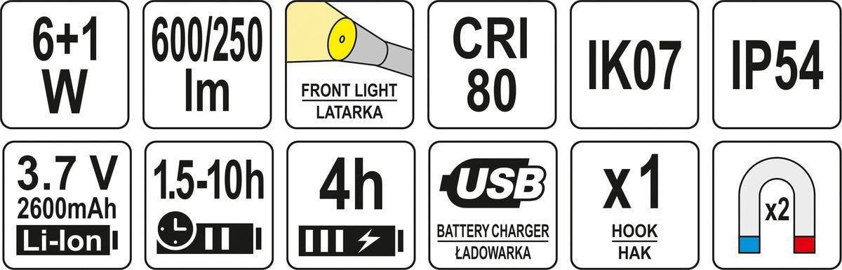 Аккумуляторная рабочая лампа | 6W COB, 600LM + 250LM, LI-ION 3.7V 2600MAH, IK07, IP54, CRI80
