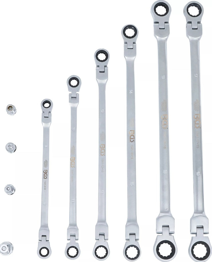 Pailgintų terkšlinių vartomų dvipusių raktų rinkinys | su adapteriais galvutėms | 8 - 19 mm | 10 vnt. (1541)