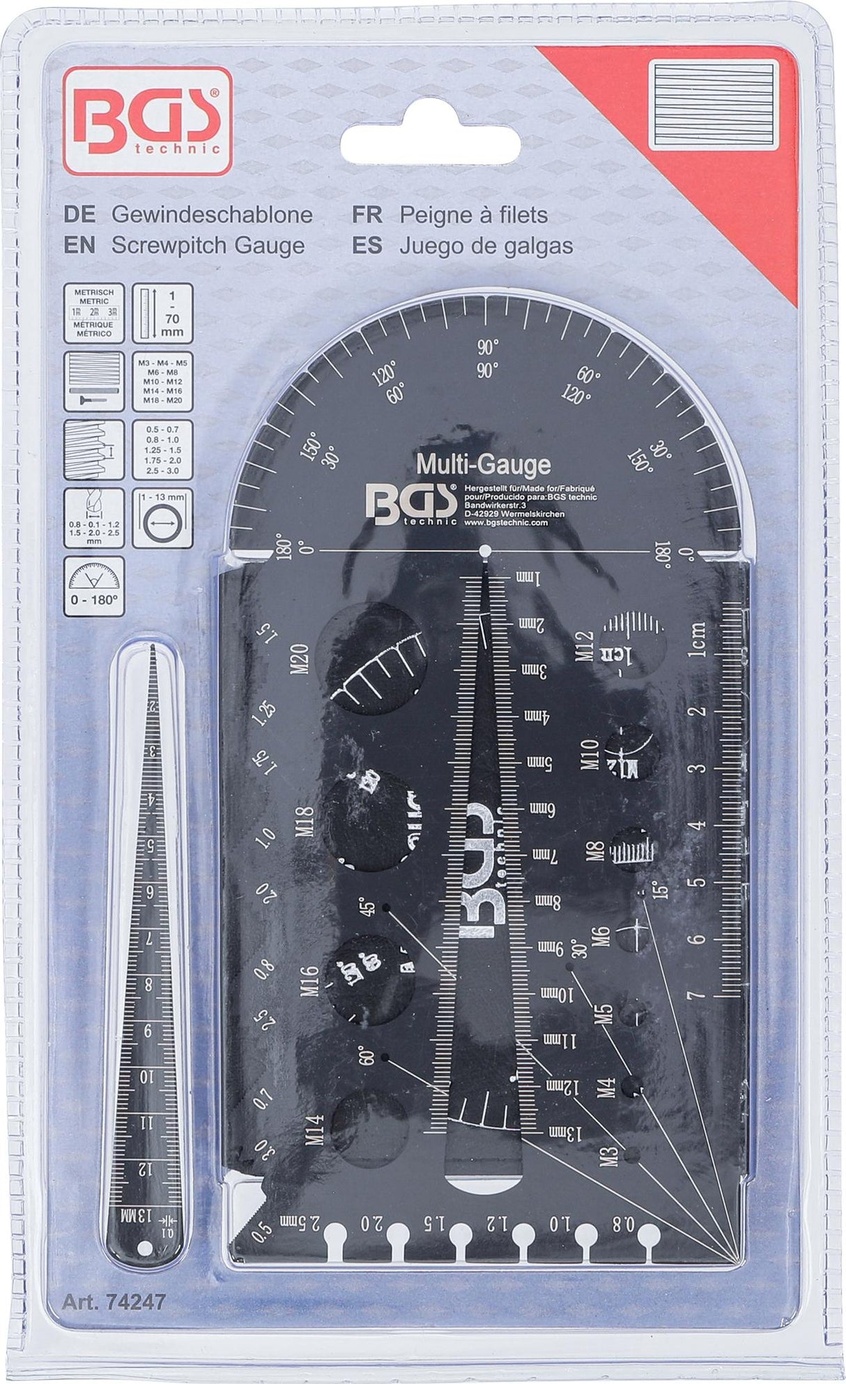 Sriegio žingsnio matuoklis ir sriegio šablonas | Metrinis | M3 - M20, 0,5 - 13,00 mm (74247)