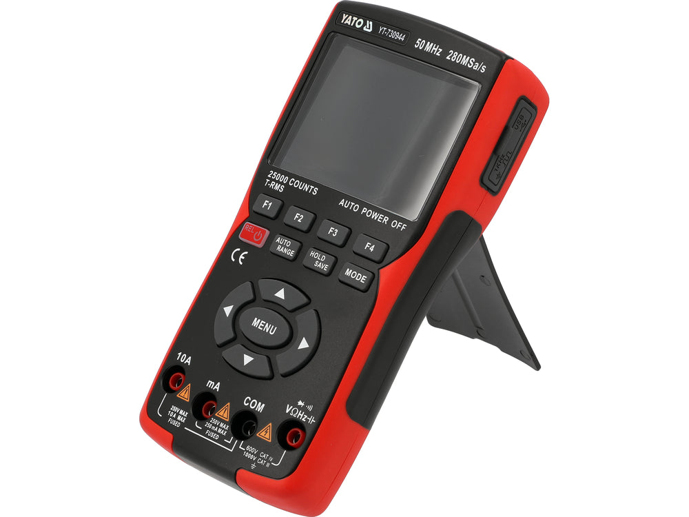 2 kanalų 50 MHz osciloskopas su multimetru ir signalų generatoriumi | 280 MSa/s, TRUE RMS (YT-730944)